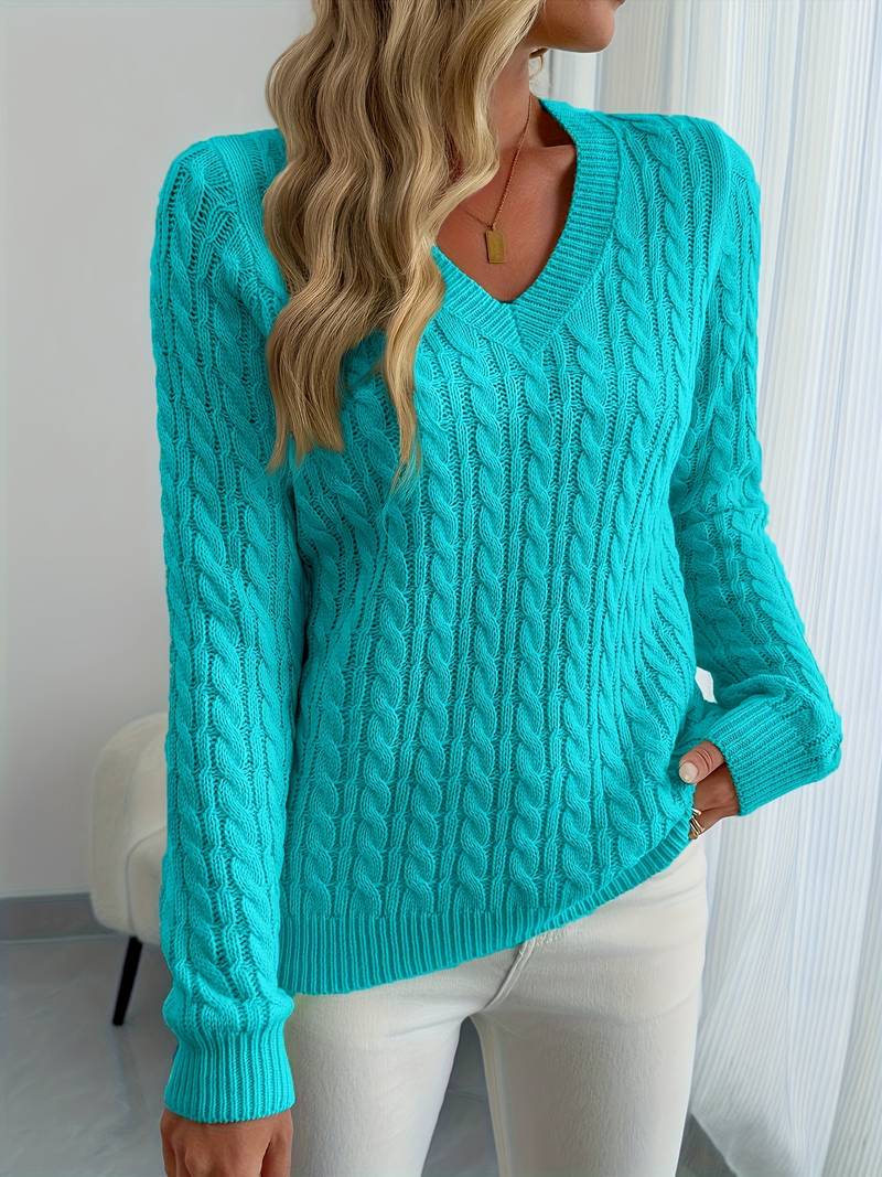 Zivah | Cable Knit V-Neck Long Sleeve Sweater
