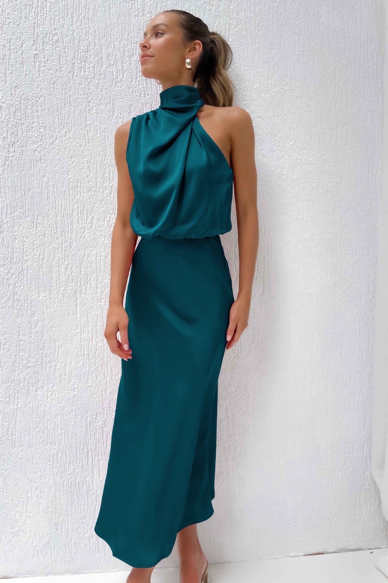 Kangana | Sleeveless High Neck Satin Maxi Dress