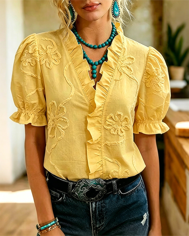 Lillynn | V Neck Ruffle Trim Puff Sleeve Blouse
