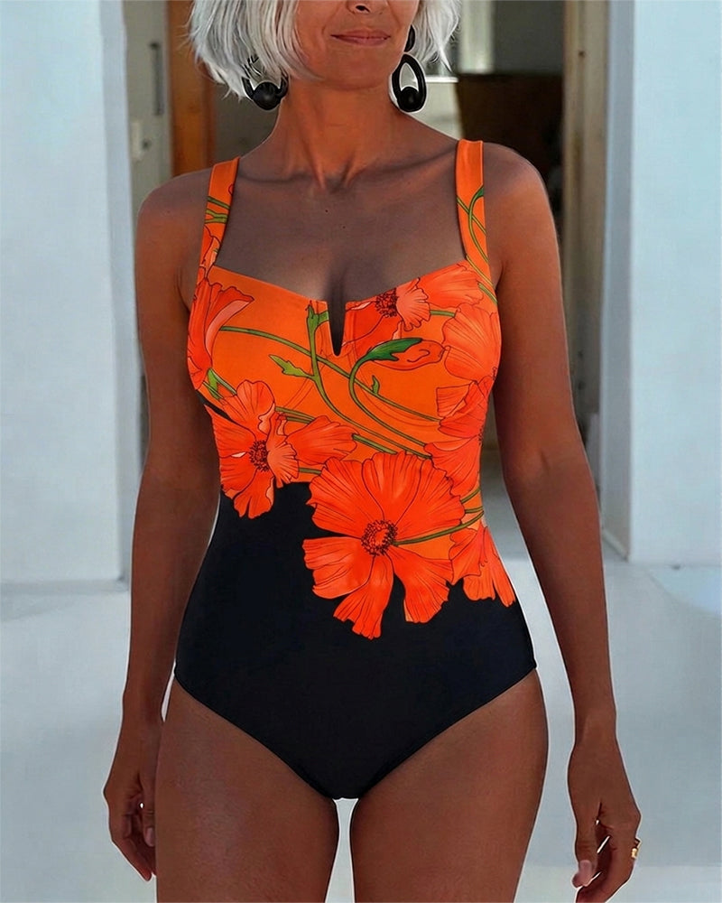 Laury | Floral Print Square Neck One-Piece Swimsuit