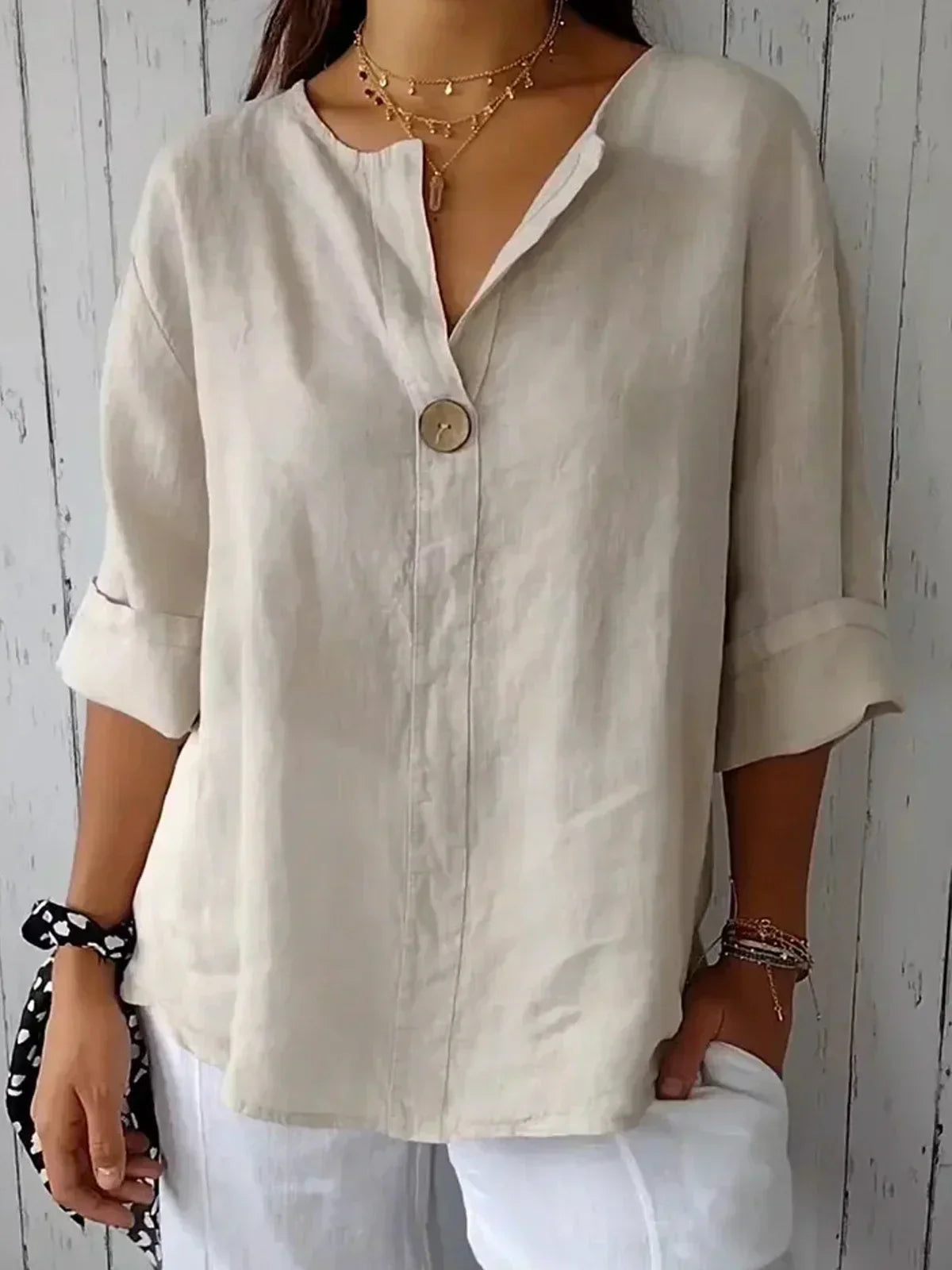 Yvonna | Loose V-Neck Button Blouse