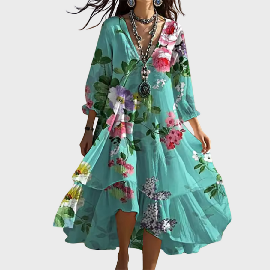 Shanae | Floral Print V Neck Midi Dress