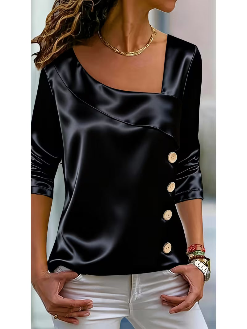 Avelea | Satin Square Neck Blouse with Side Buttons