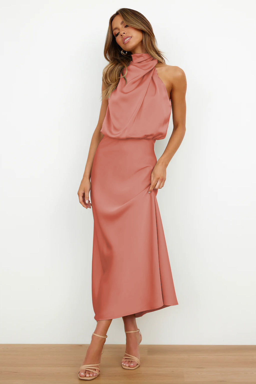 Kangana | Sleeveless High Neck Satin Maxi Dress