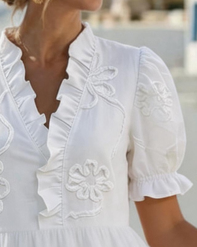 Nija | Dress with V-Neck Ruffles and Floral Embroidery