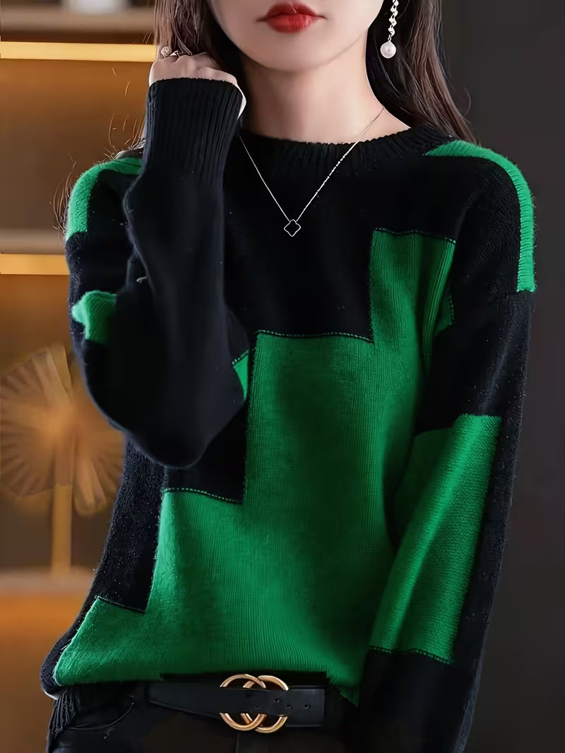 Marvelle | Color Block Crew Neck Long Sleeve Sweater