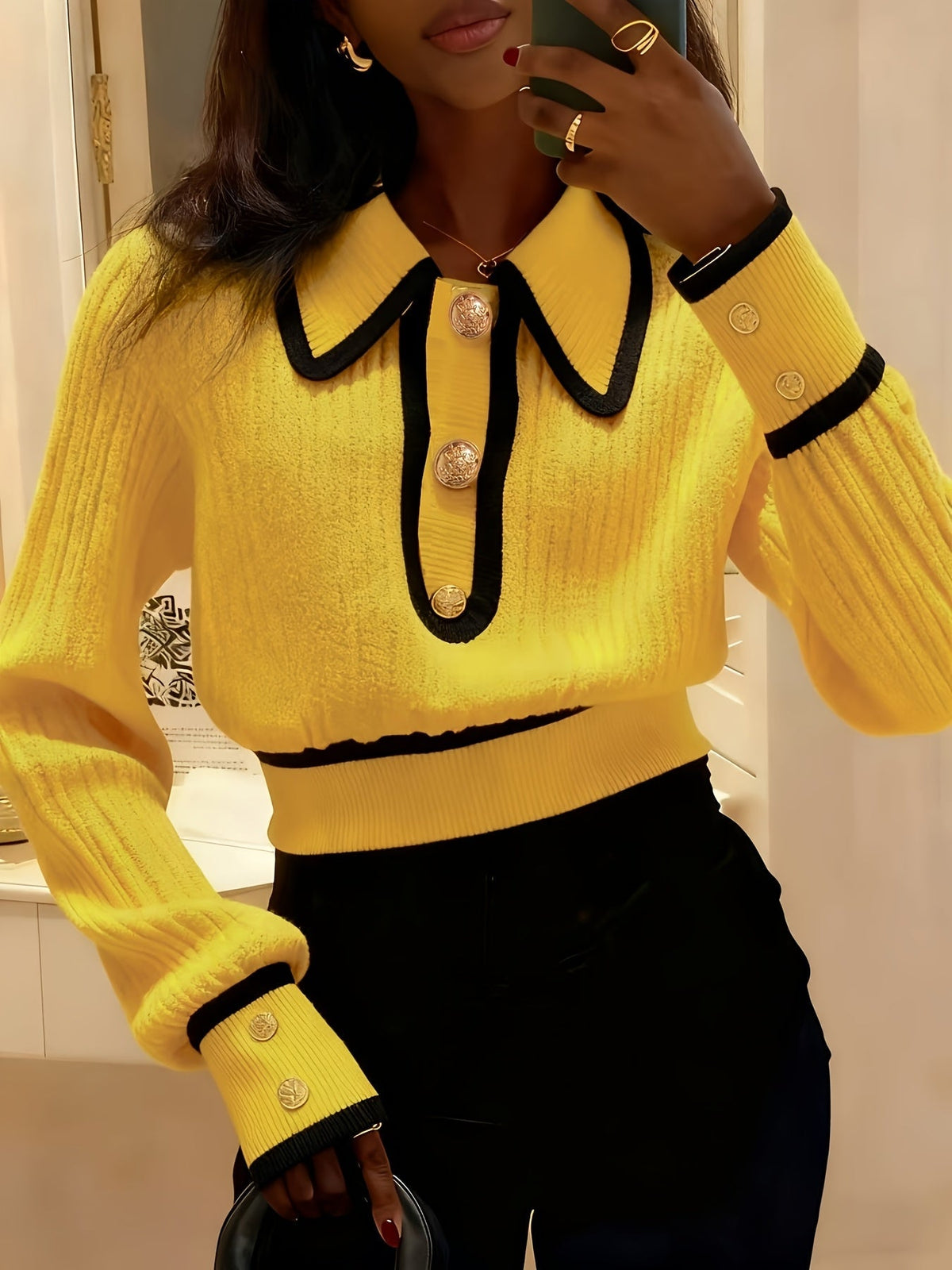 Roweina | Long Sleeve Contrast Trim Button Sweater