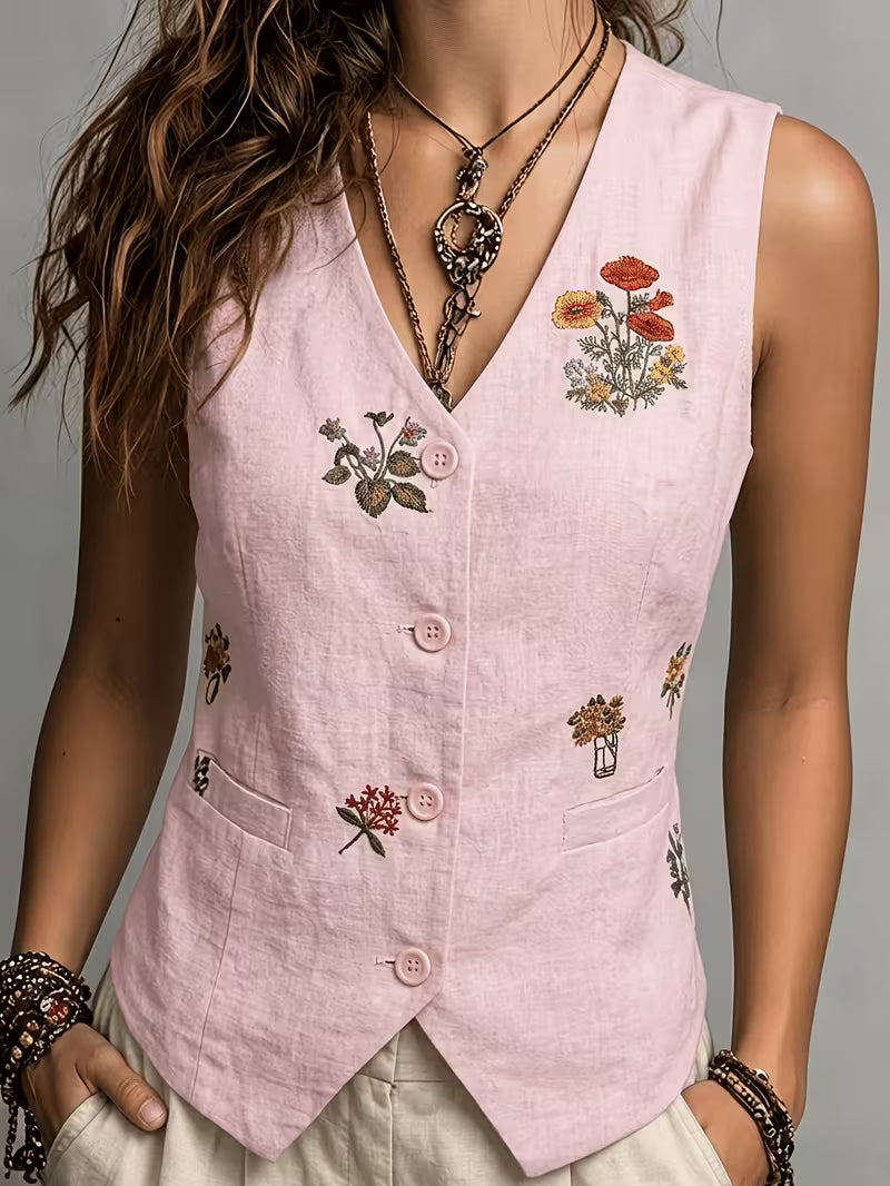 Elena | Embroidered Sleeveless Linen Vest