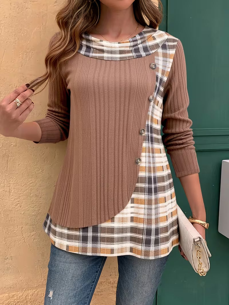 Florilitha | Ribbed Long Sleeve Printed Button Detail Top