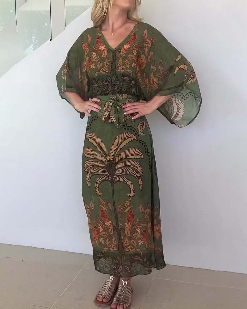 Brini | Olive Floral Print Kimono Sleeve Dress