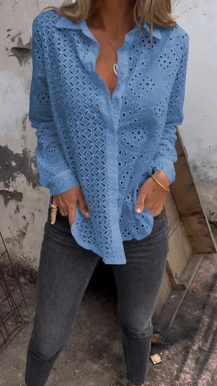 Tommie | Eyelet Button-Up Long Sleeve Blouse