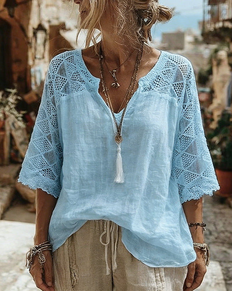 Essien - V Neck Lace Sleeve Loose Fit Blouse