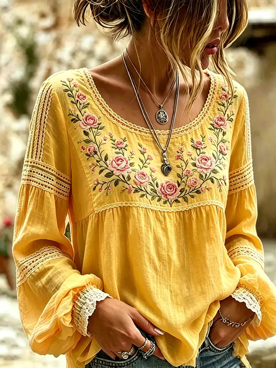Esraa | Floral Embroidered Long Sleeve Blouse