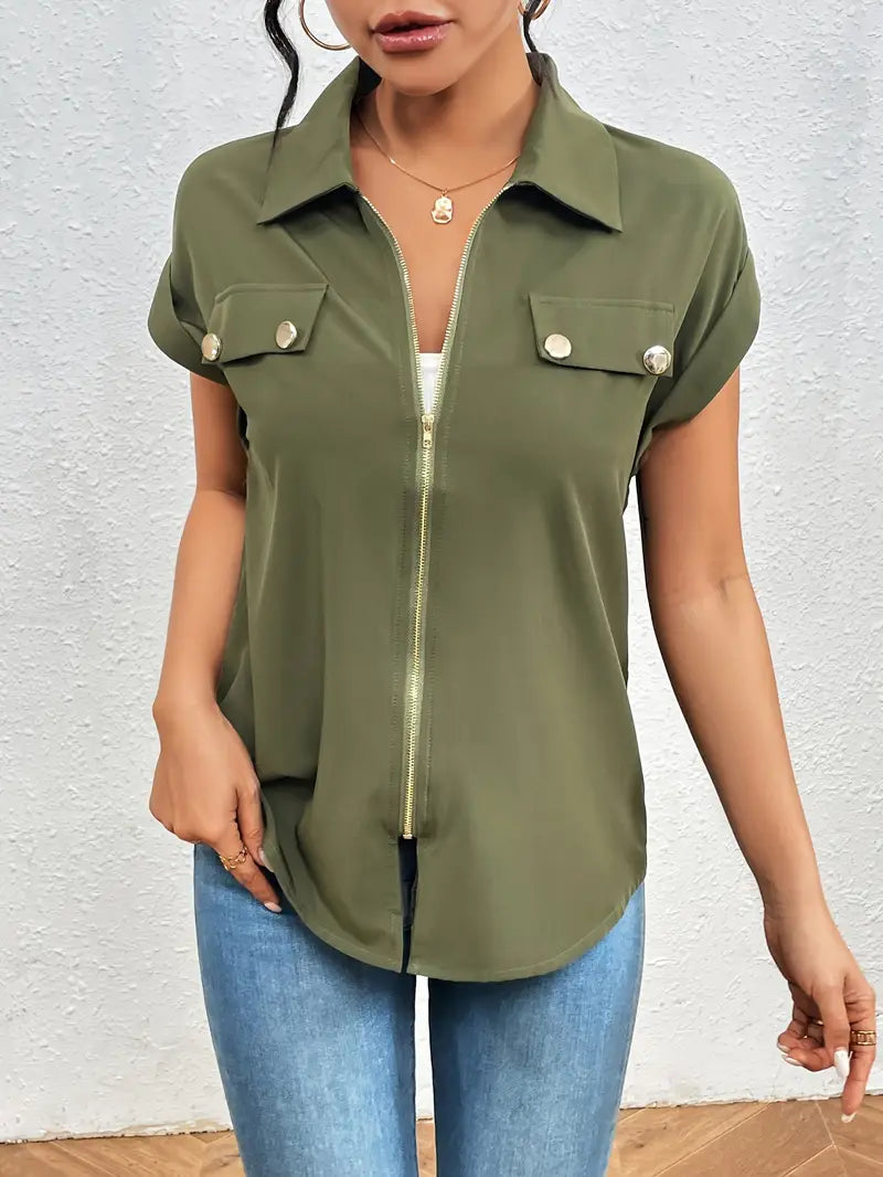 Alfano | Zip Front Collared Short Sleeve Blouse