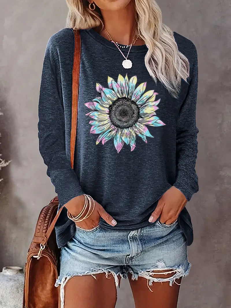 Levine | Sunflower Print Long Sleeve Tunic Top