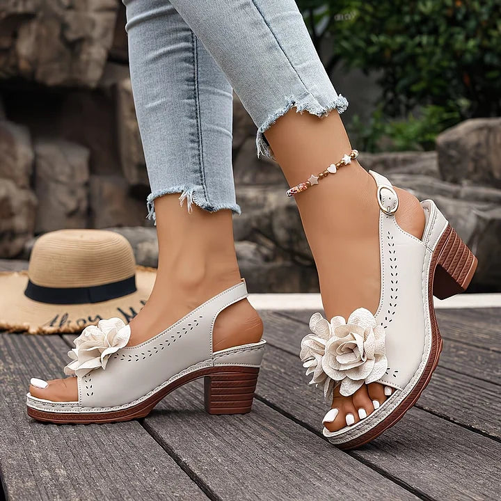 Gayanthi | Floral Open Toe Slingback Heels