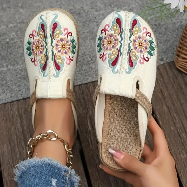 Katy | Floral Embroidered Slip-On Canvas Mules