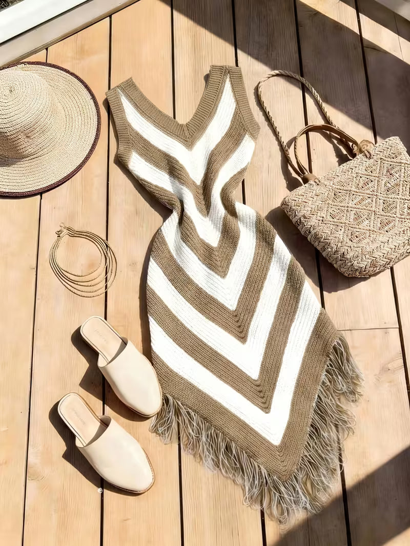 Foley | Sleeveless Chevron V-Neck Knitted Dress