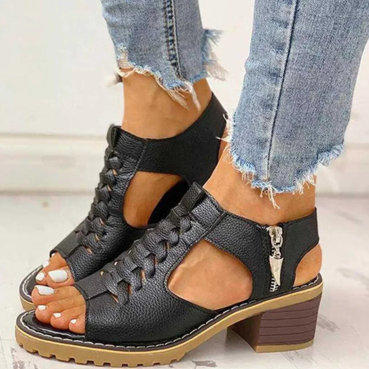 Benita | Open Toe Cutout Block Heel Sandals