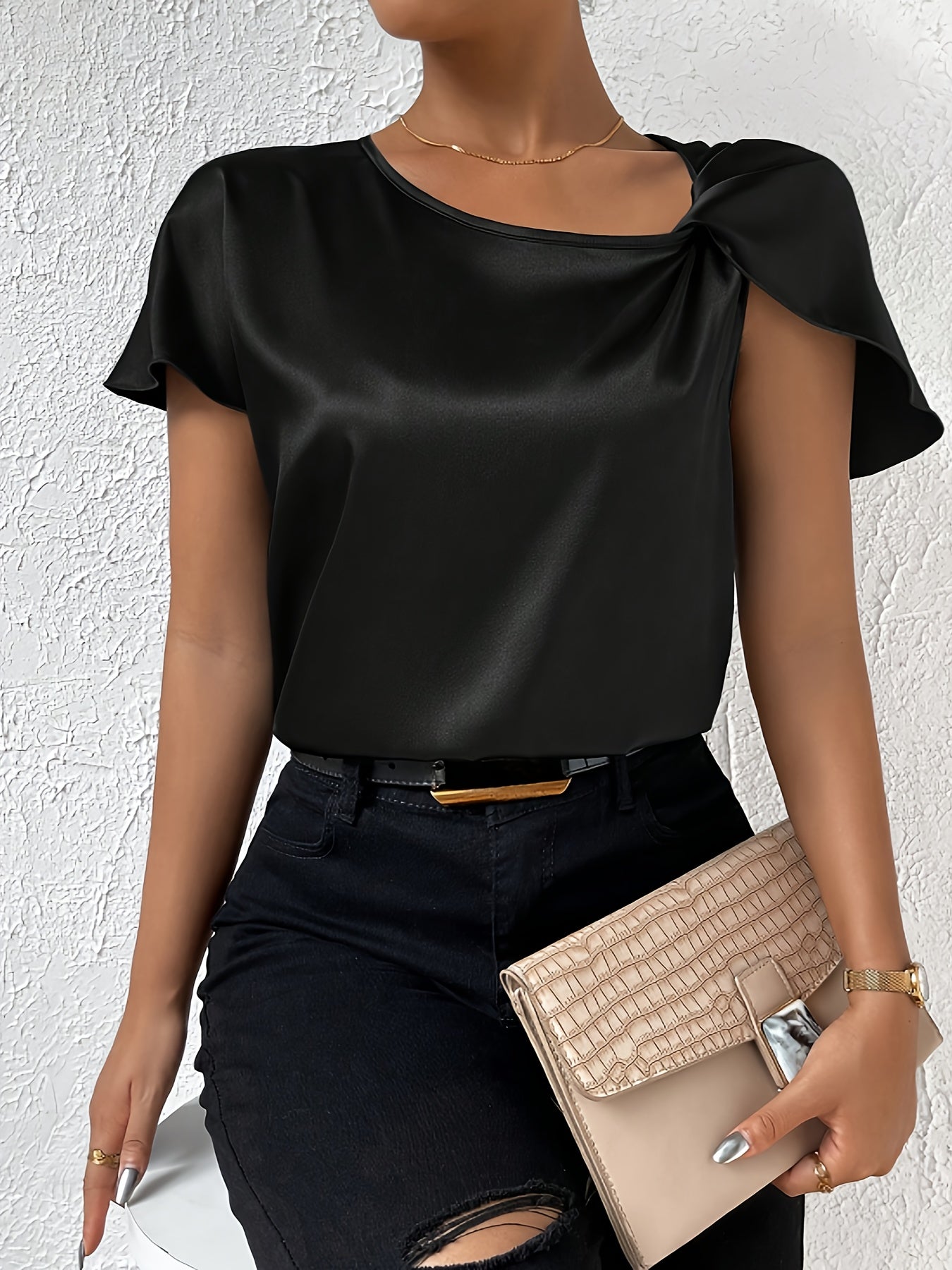Loretta | Blouse Satin Look Draped Short Sleeve Top