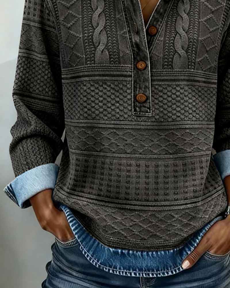 Melkorka | Cable Knit Half Button Collared Sweatshirt