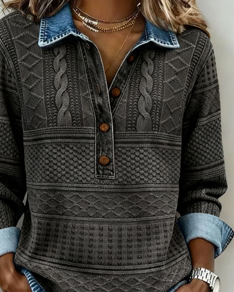 Melkorka | Cable Knit Half Button Collared Sweatshirt