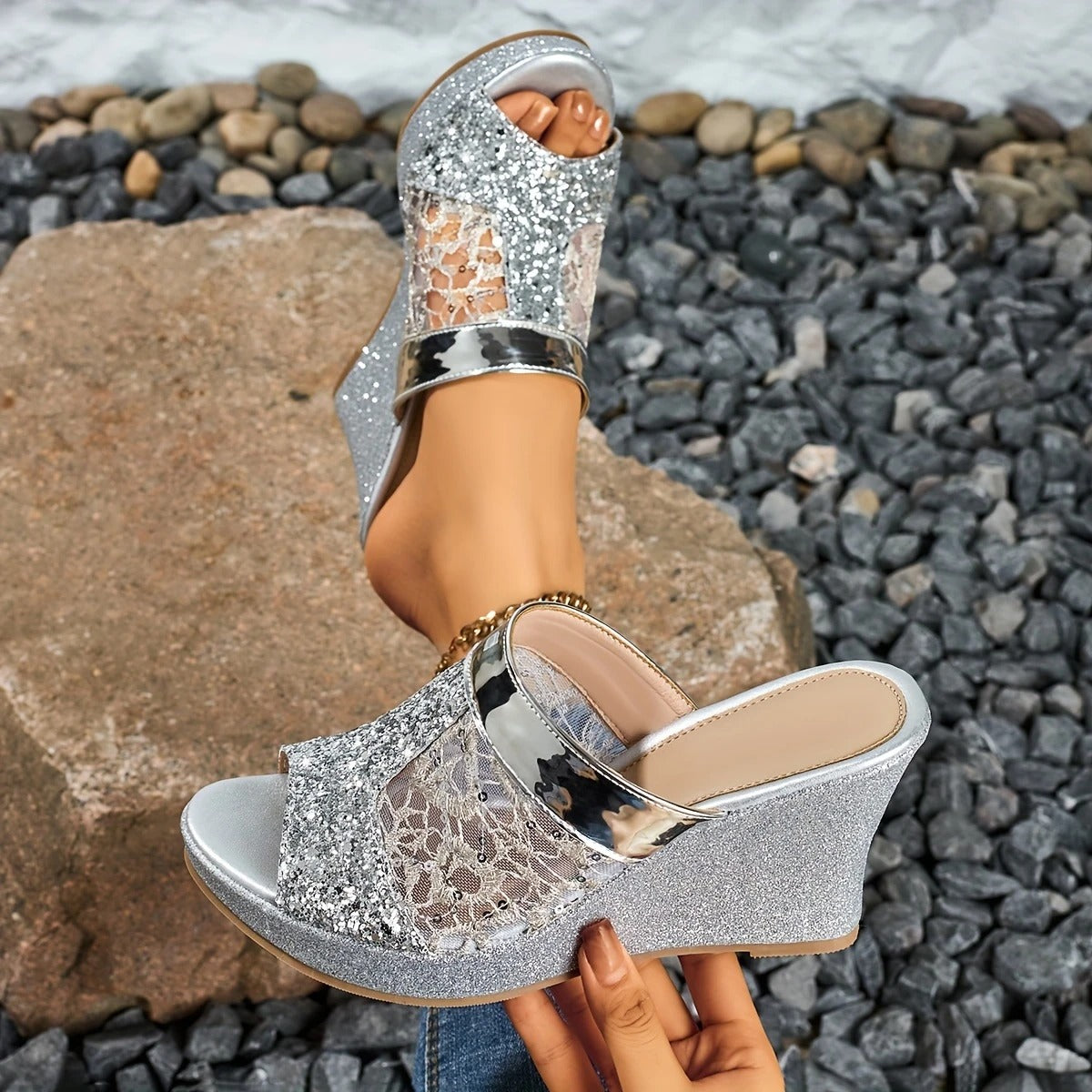 Alexis | Wedge Sandals With Lace Glitter Strap
