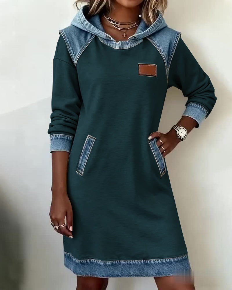 Viktoria - Hooded Denim Trim Sweatshirt Dress