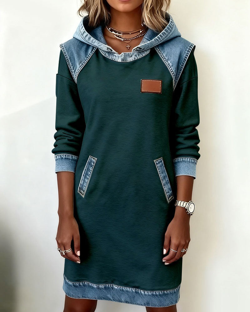 Viktoria - Hooded Denim Trim Sweatshirt Dress