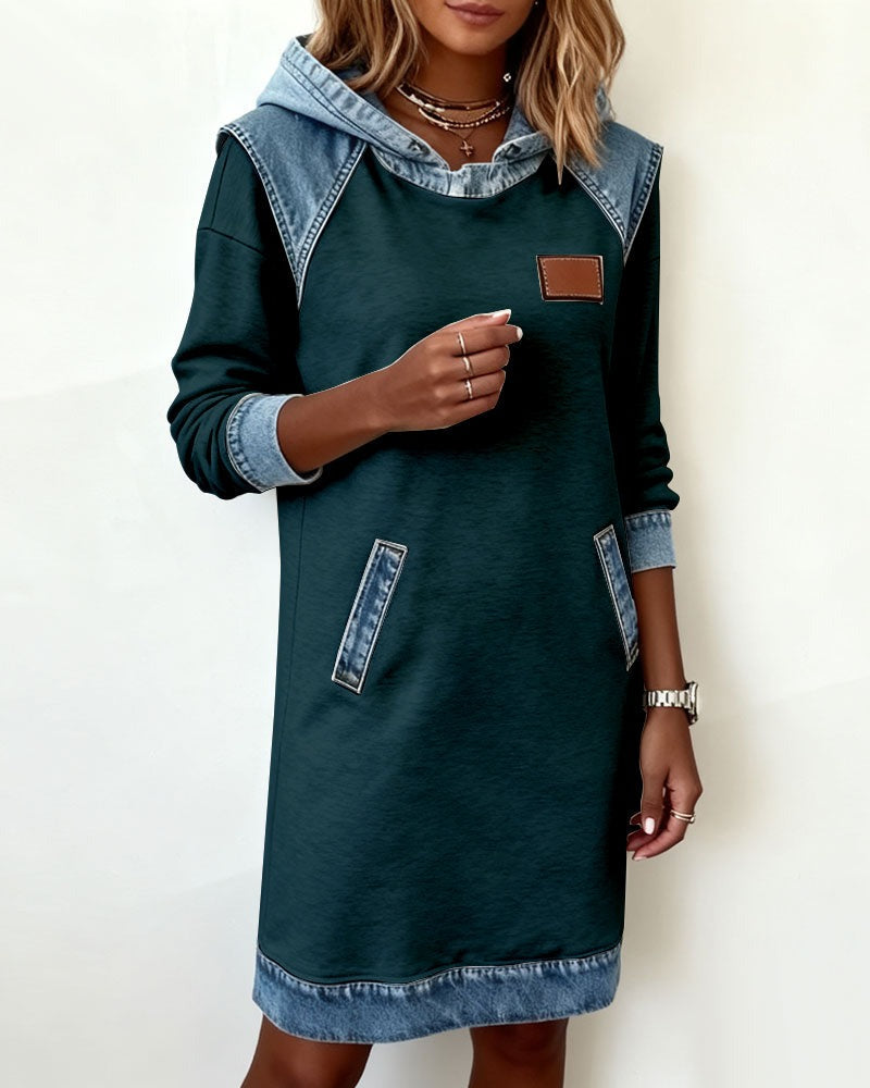 Viktoria - Hooded Denim Trim Sweatshirt Dress