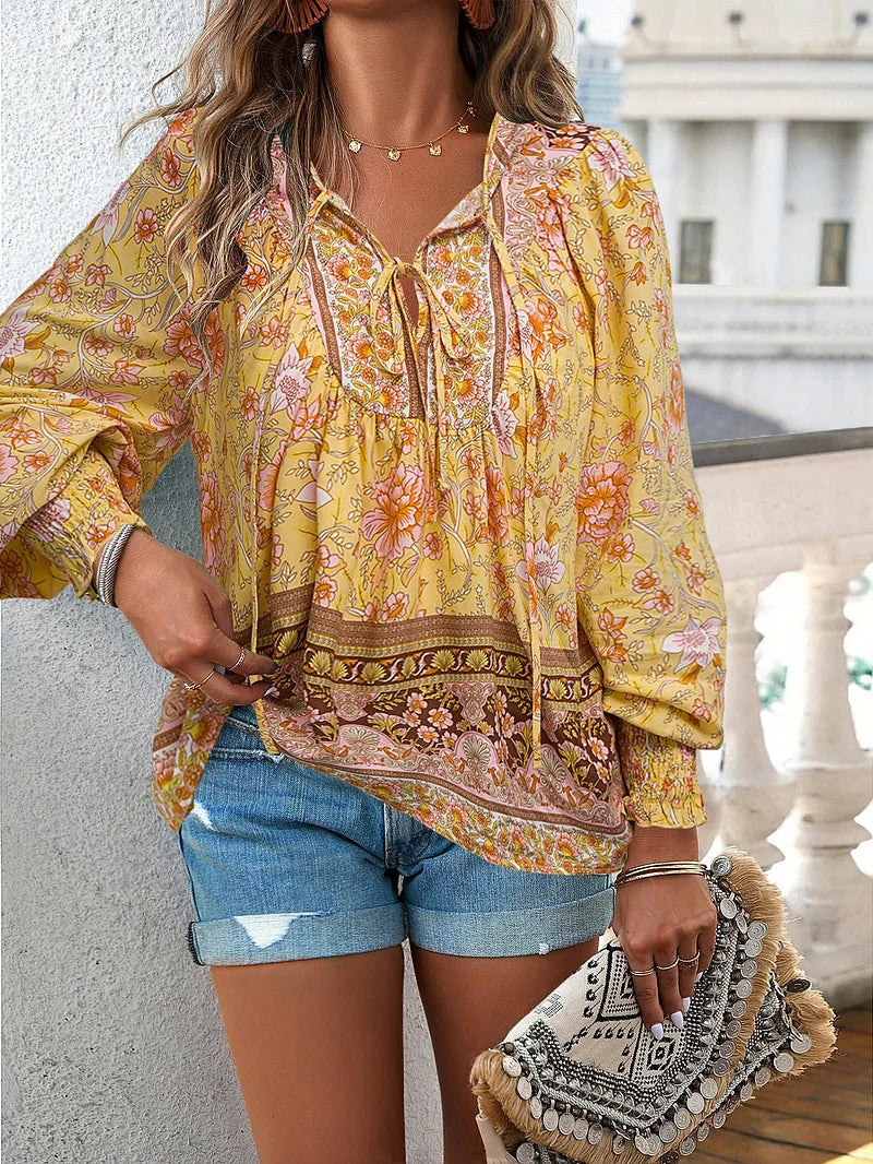 Sallie - Printed Peasant Blouse Long Sleeve Top
