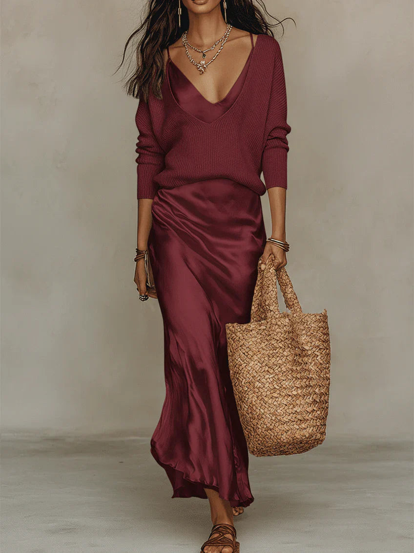 Nelena | Satin Slip Dress Knit Sweater Set