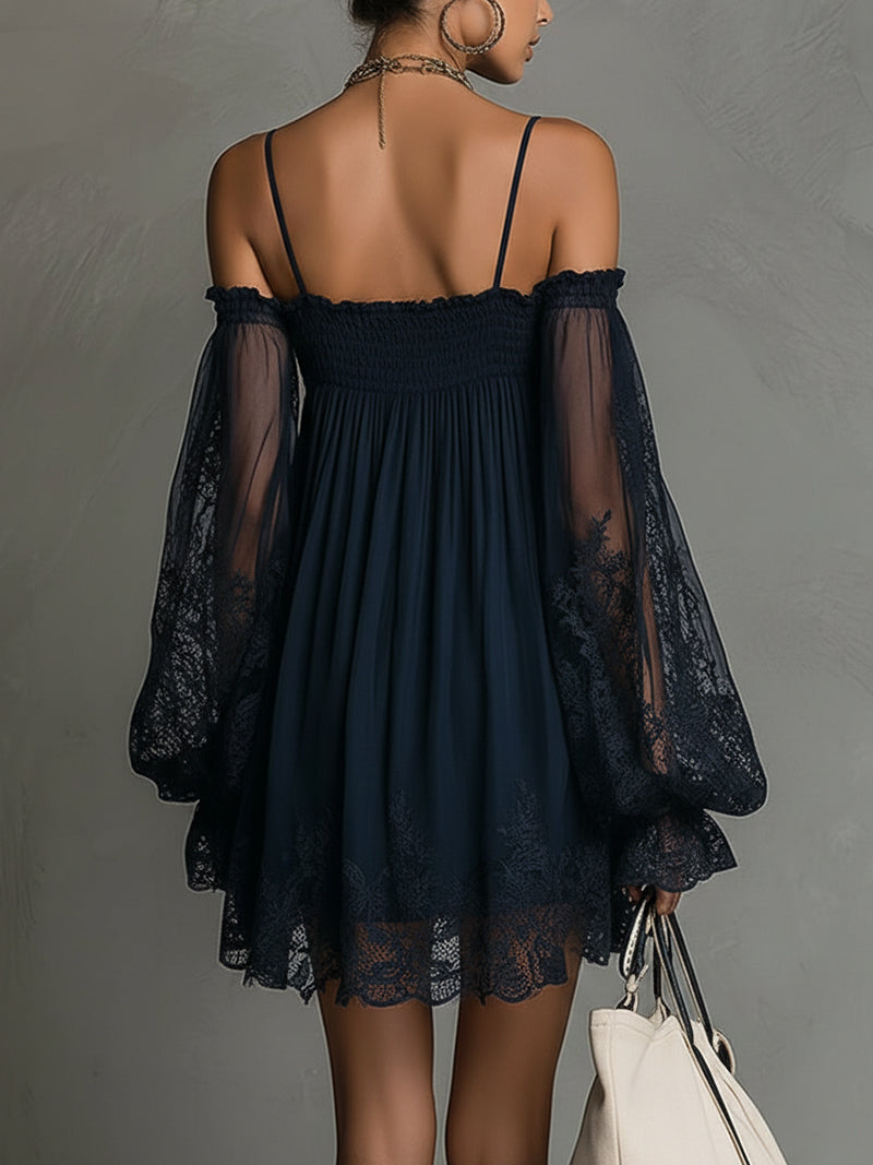 Charity - Off Shoulder Lace Sleeve Navy Mini Dress