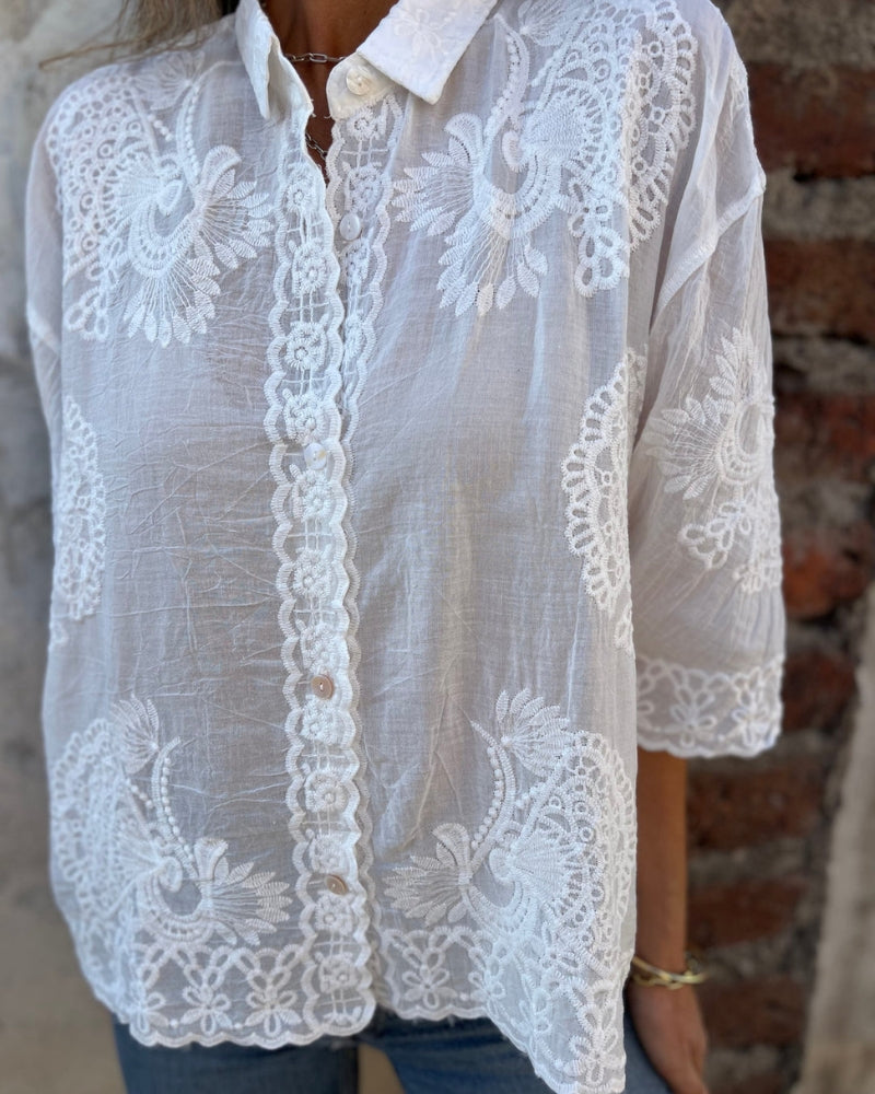 Lorrie | Lace Embroidered Button Front Shirt Blouse
