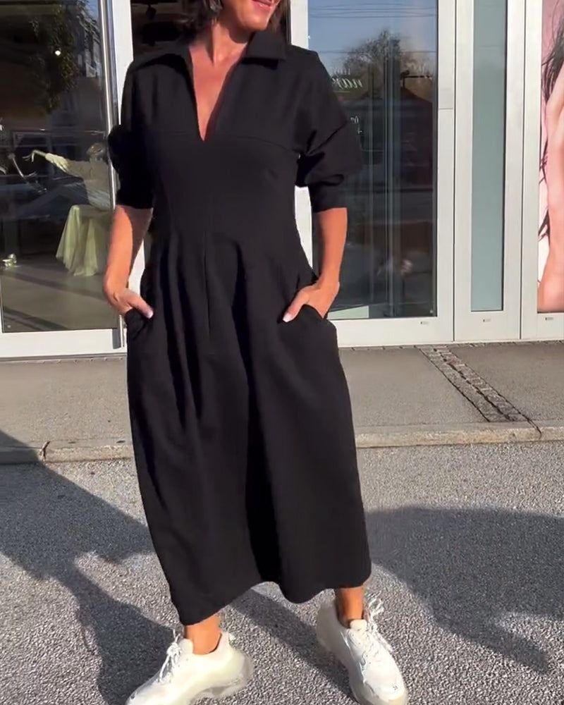 Lunya | Midi Dress Black Collared V-Neck