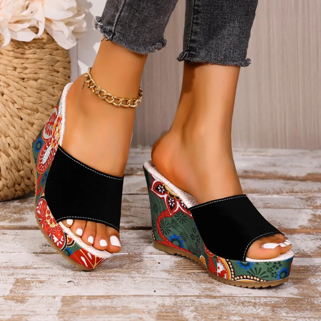 Laerke - Floral Print Platform Wedge Slide Sandals