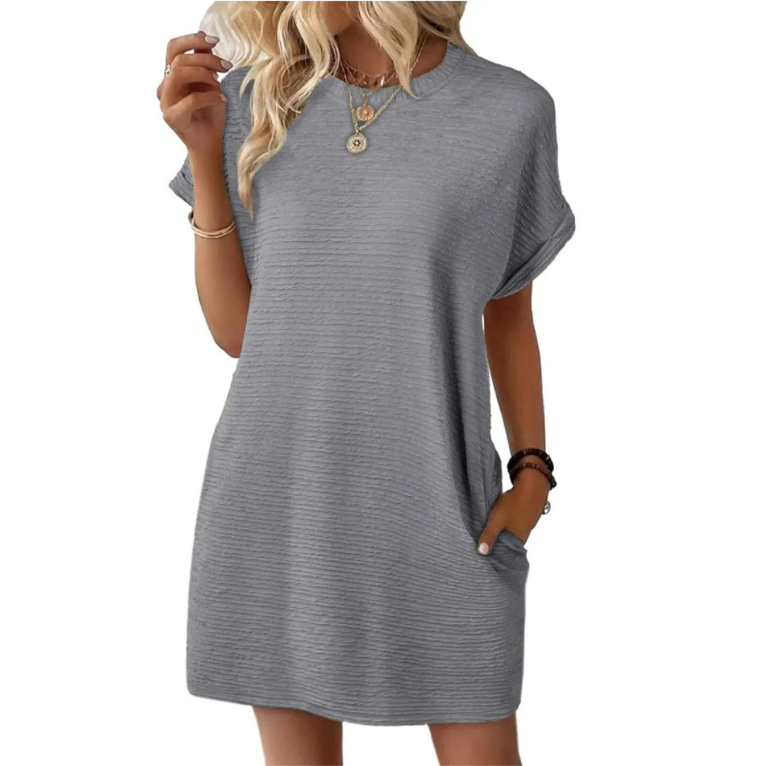 Elviaa - Textured Pocket Mini Dress Short Sleeve