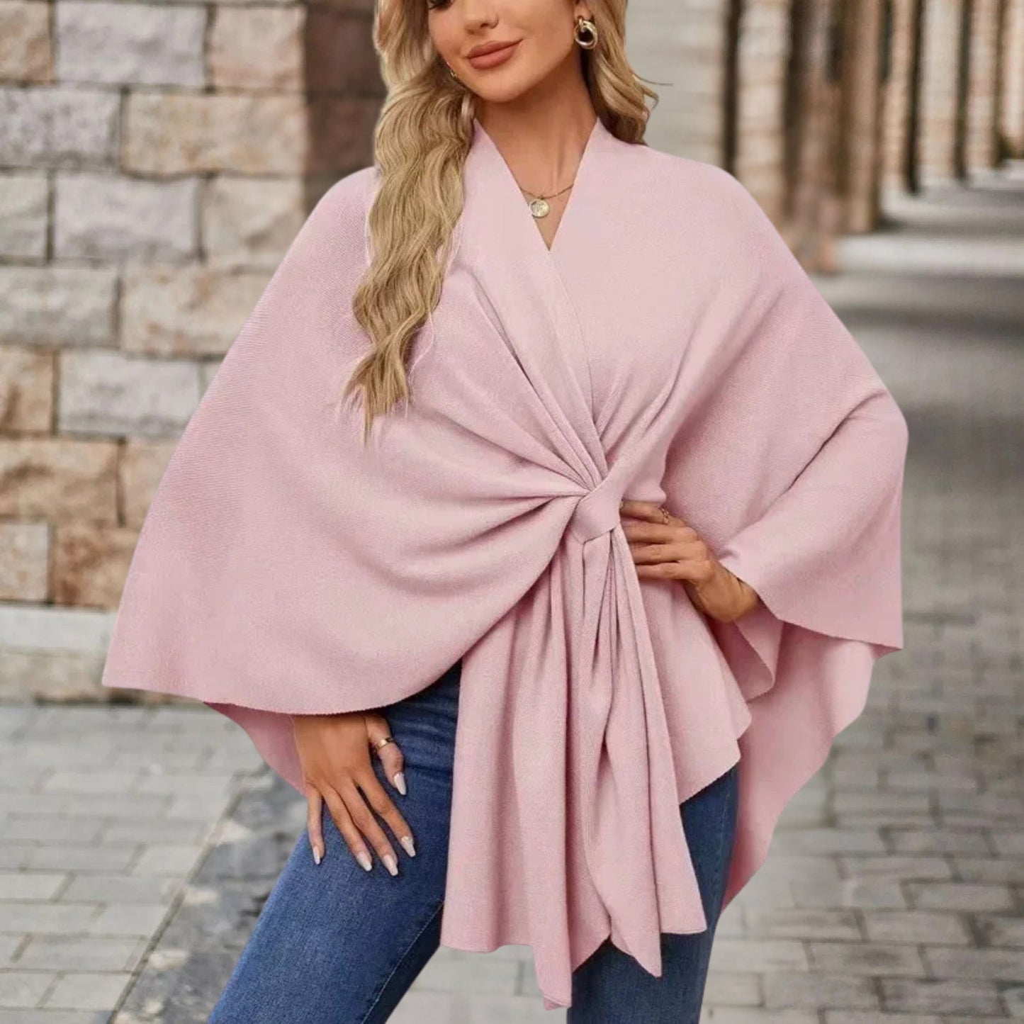 Helin | V-Neck Knotted Front Wrap Poncho
