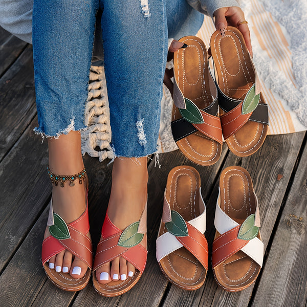Eloina | Comfort Wedge Slide Sandals Leaf Detail