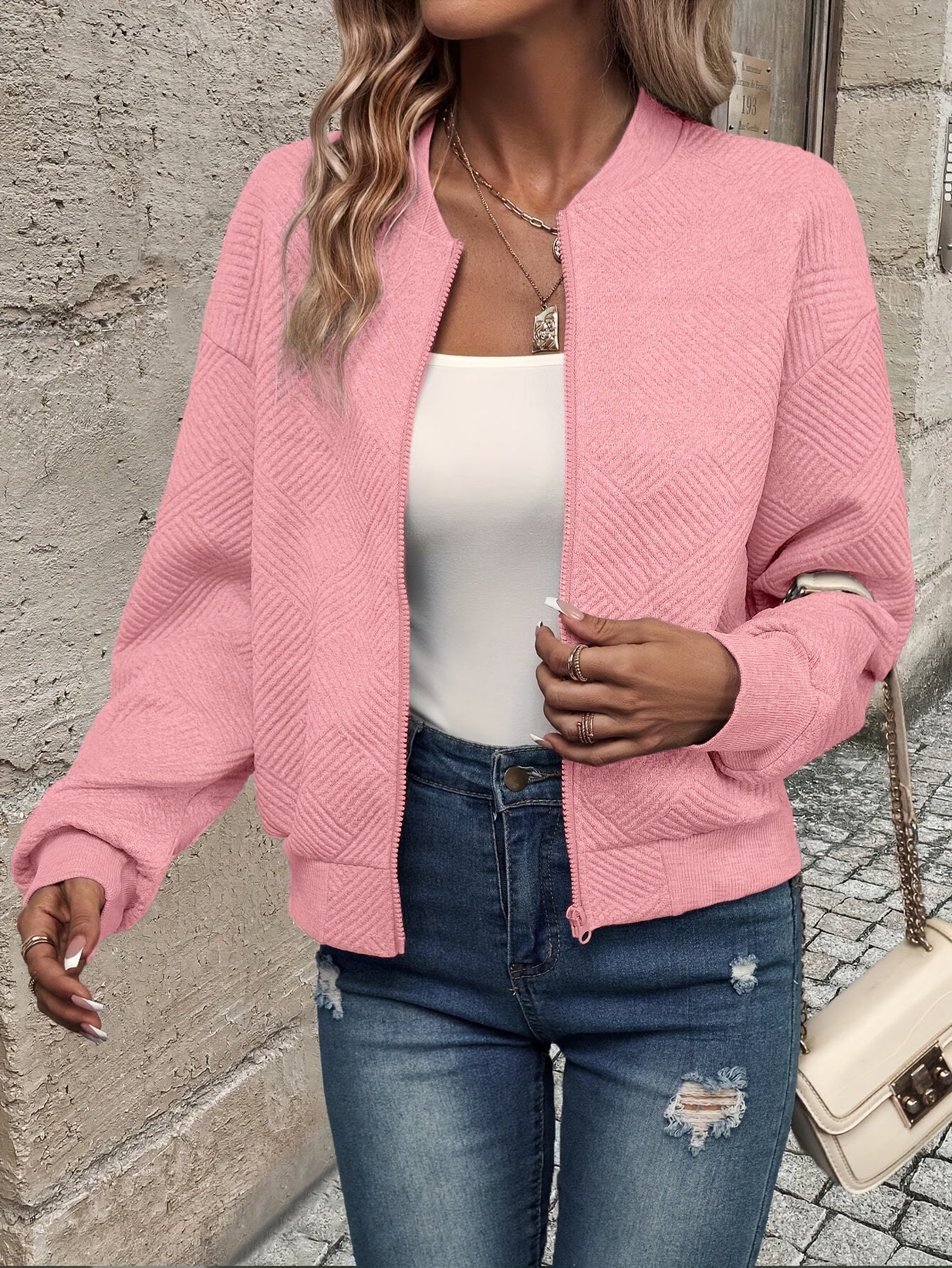 Jemma | Textured Long Sleeve Zip-Up Jacket