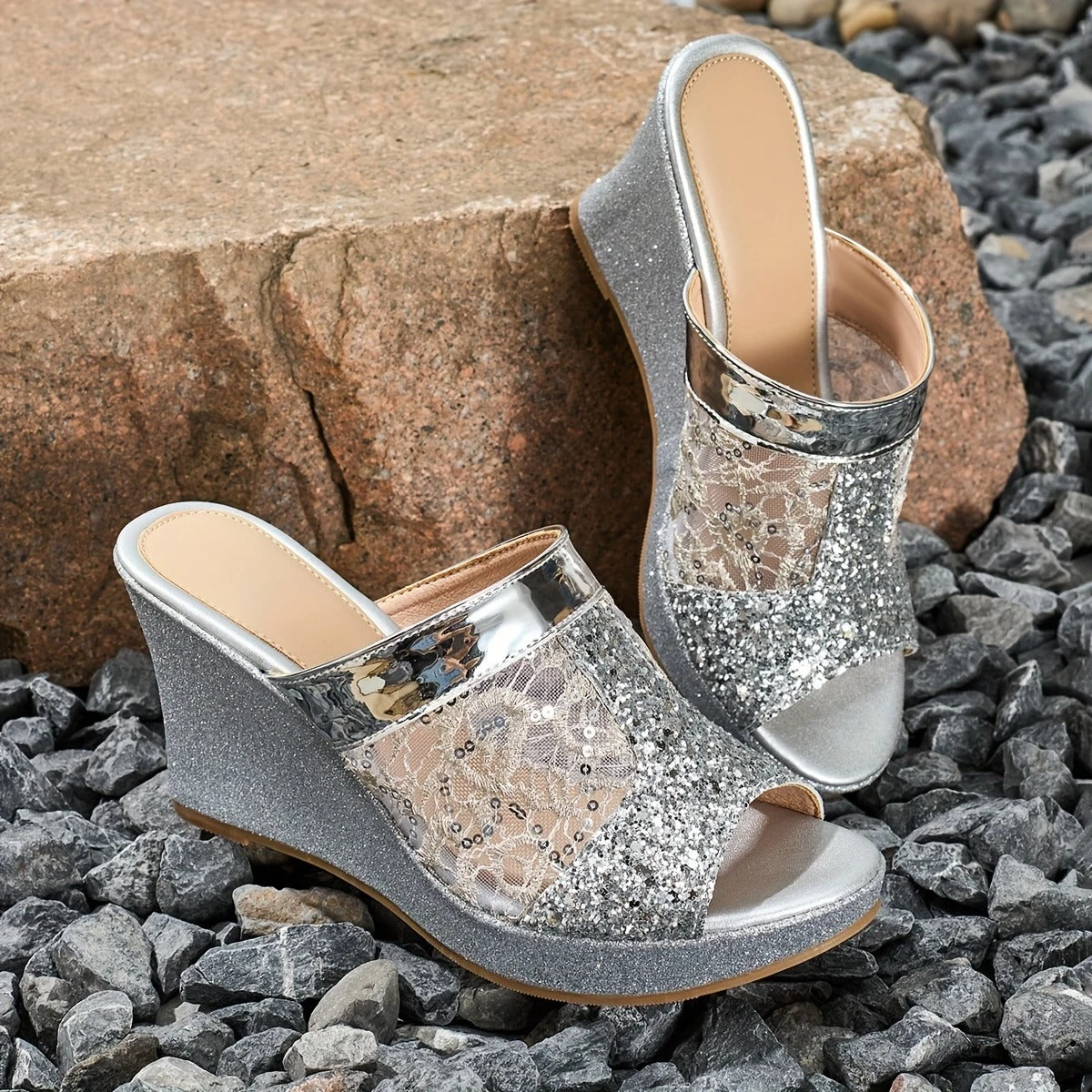 Alexis | Wedge Sandals With Lace Glitter Strap
