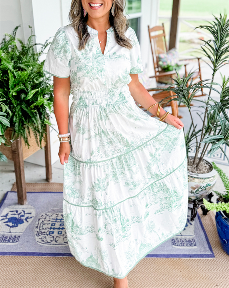 Ortrud | Short Sleeve Printed Tiered Maxi Dress