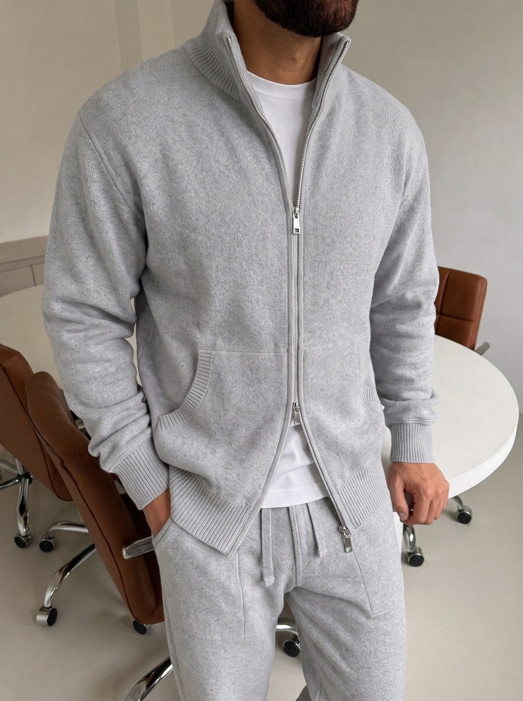 Mirjam | Tracksuit With Gray Knit Texture Stand Collar
