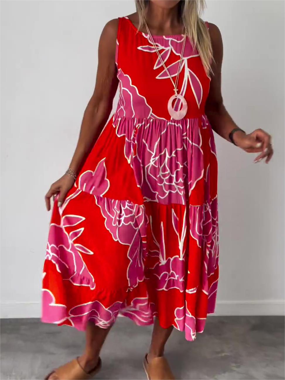 Hertha | Sleeveless Floral Print Tiered Midi Dress