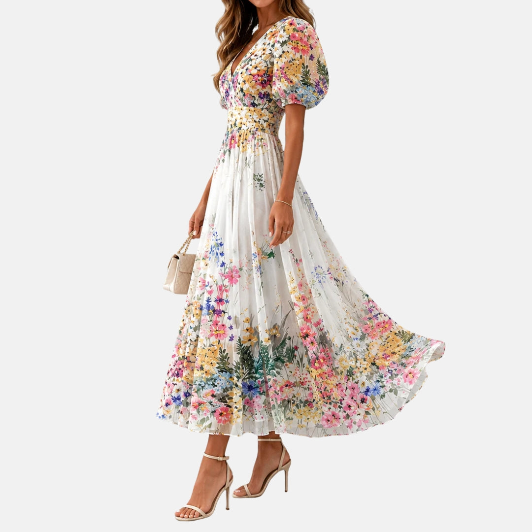 Kirina | Midi Dress Floral Wrap Puff Sleeve