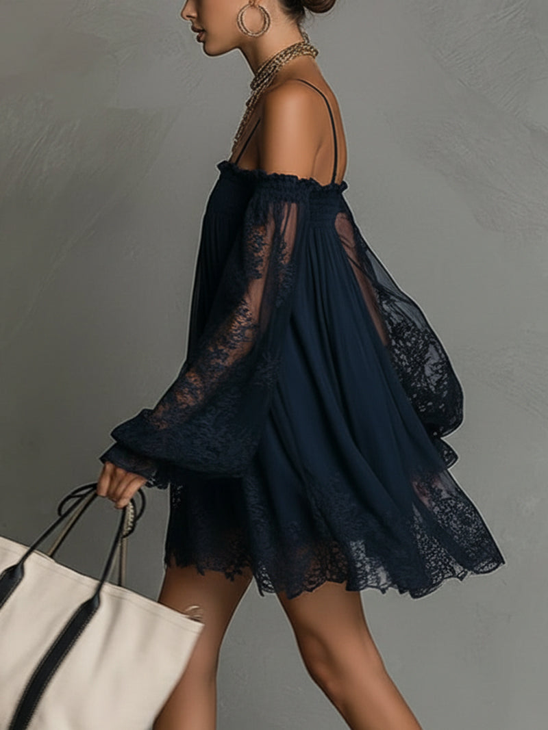 Charity - Off Shoulder Lace Sleeve Navy Mini Dress