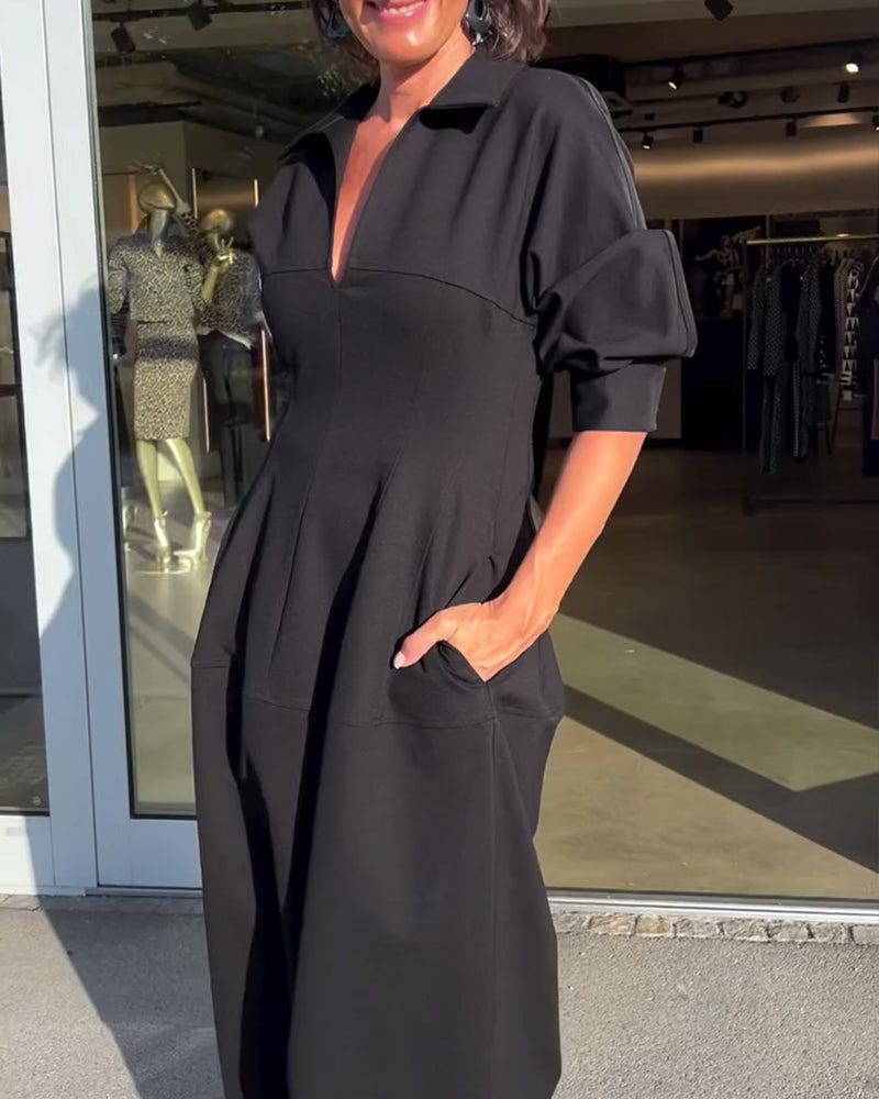 Lunya | Midi Dress Black Collared V-Neck