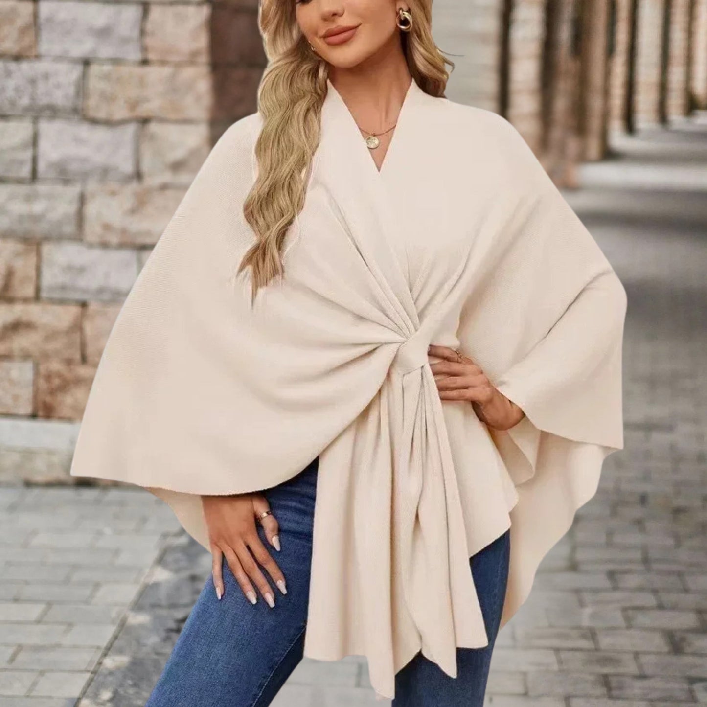 Helin | V-Neck Knotted Front Wrap Poncho