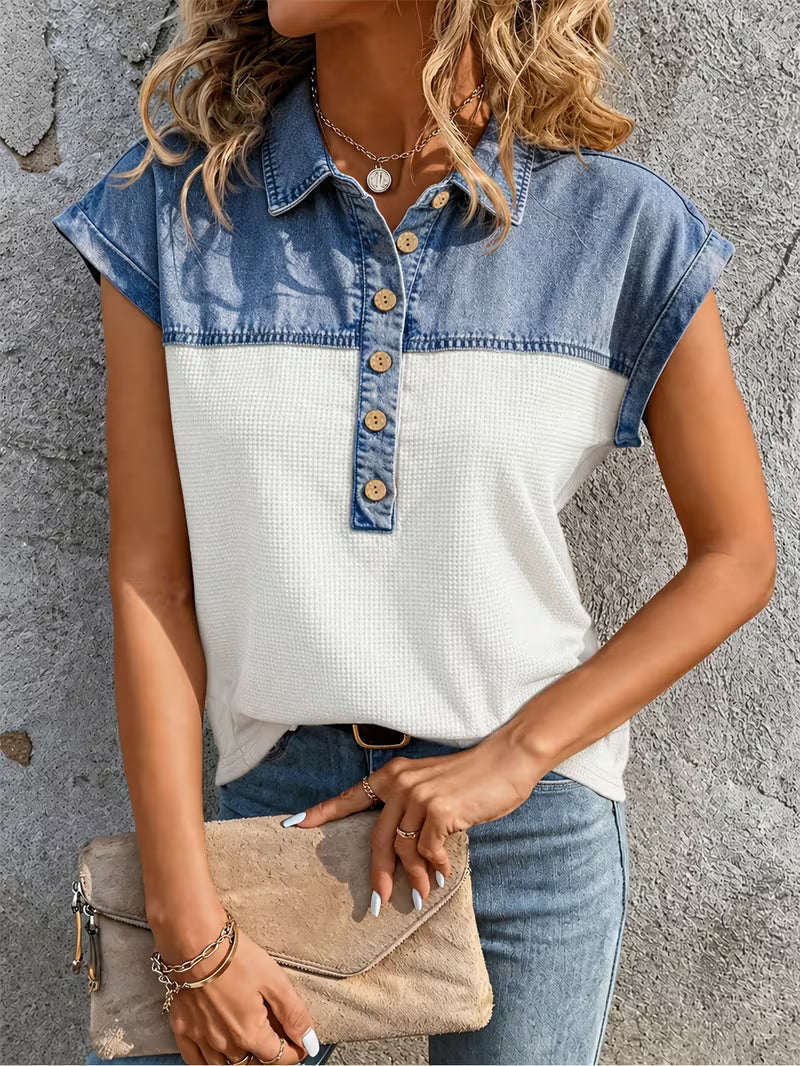 Haily | Denim Patchwork Collared Short Sleeve Top