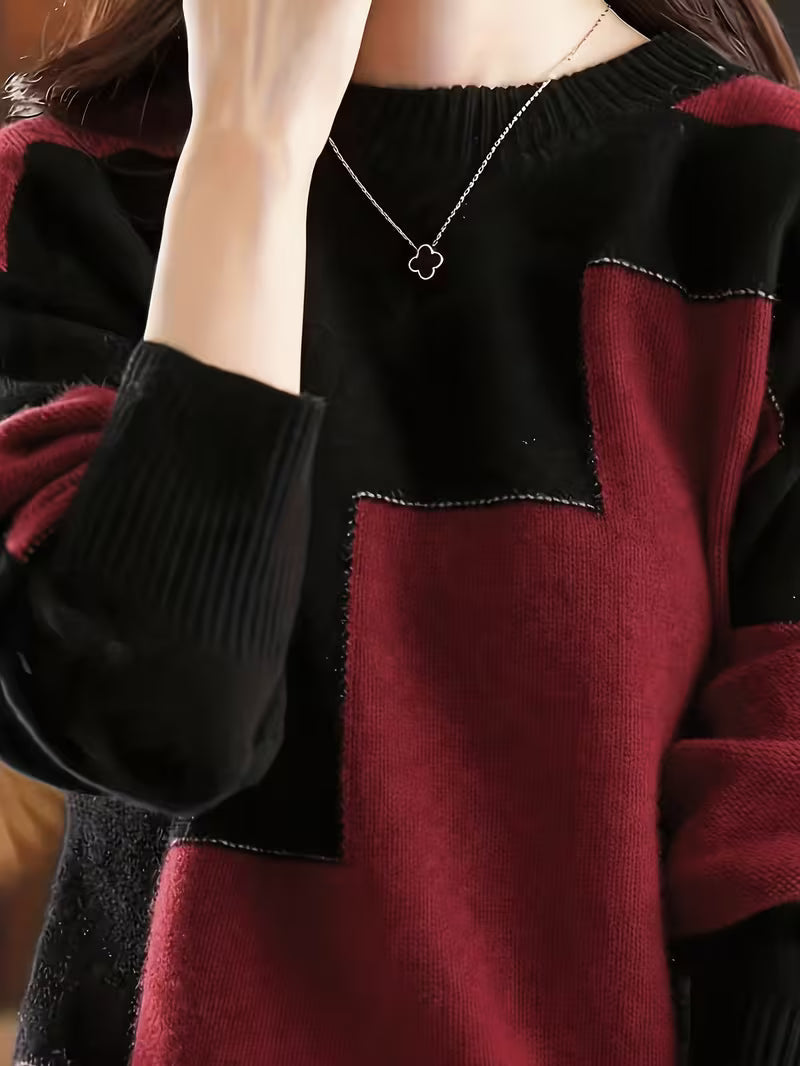 Marvelle | Color Block Crew Neck Long Sleeve Sweater